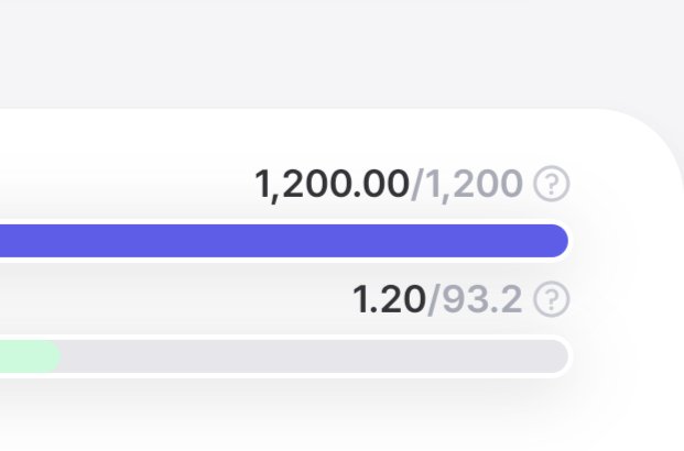 A progress bar interface showing 1,200.00/1,200 fully completed in purple, with a second progress bar below at 1.20/93.2 partially filled in green.
