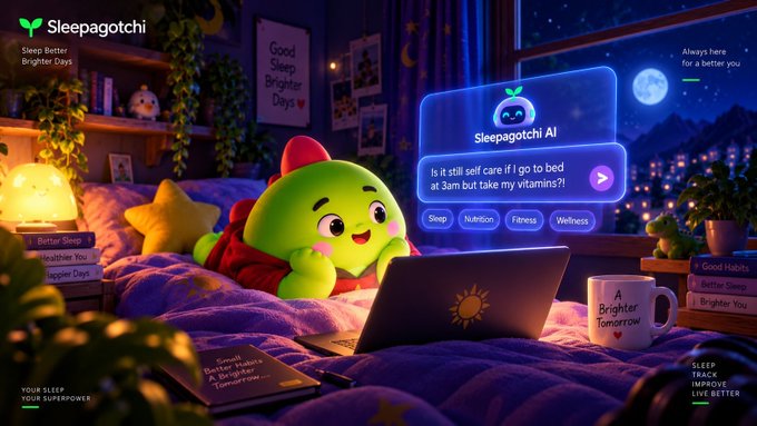 Marketing image showing a green mascot character lying on a bed using a laptop with 'Sleepagotchi AI' chat interface asking 'Is it still self care if I go to bed at 3am but take my vitamins?!' with category buttons for Sleep, Nutrition, Fitness, and Wellness, branded with 'Sleep Better Brighter Days' and 'YOUR SLEEP YOUR SUPERPOWER'.