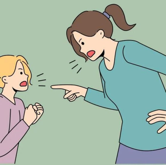 A cartoon illustration of a woman in a teal shirt angrily pointing and yelling at a smaller blonde girl who appears frightened with her hands clasped together.