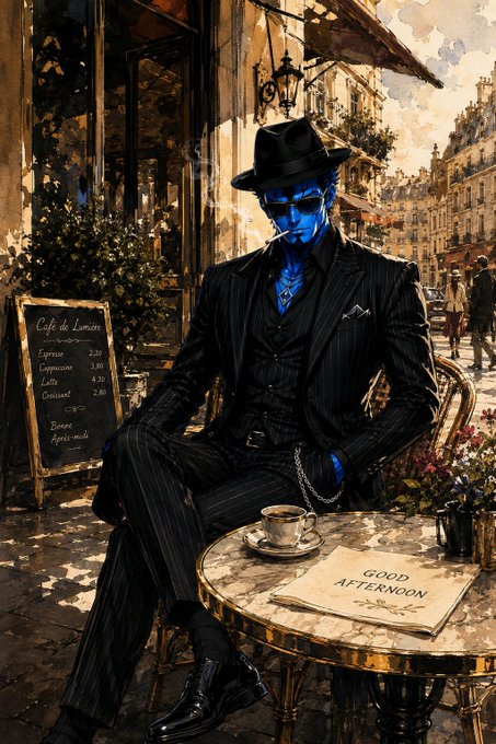 A stylized digital illustration of a blue-skinned figure in a black pinstripe suit and fedora sitting at a Parisian café table with a newspaper reading 'GOOD AFTERNOON' and a menu titled 'Café de Lumière'.
