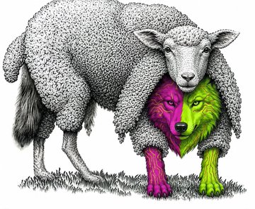 A detailed pen-and-ink drawing of a sheep whose fleece conceals a two-headed wolf—one magenta, one green—standing on grass, visually mirroring the post's metaphor of a hidden predator (the wolves studying NVDA, MU, MSFT, AAPL, AMD, SPCX, and hyped tickers like CASHCAT, THROBBIN, TENDIES, and PONS) lurking beneath the innocent-looking "$PACK" exterior.