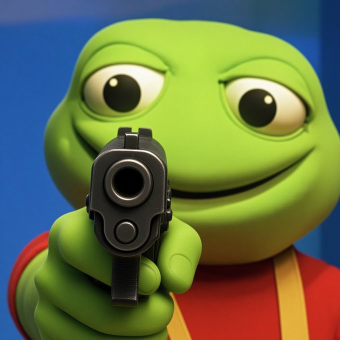 A 3D-rendered Pepe the Frog character wearing a red shirt with yellow straps, pointing a black handgun directly at the viewer against a blue background.