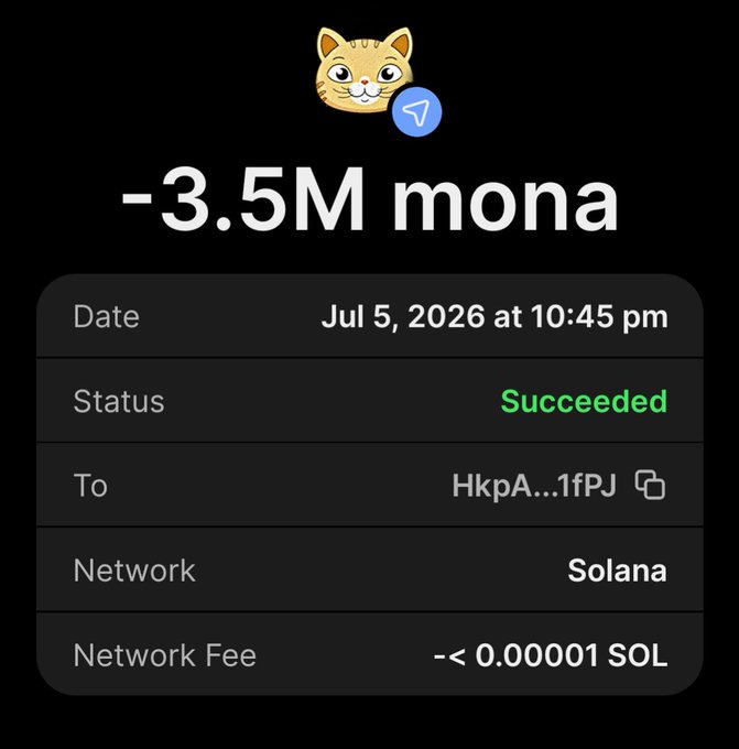 A crypto transaction screenshot showing -3.5M mona tokens sent successfully on the Solana network, with details including the date (Jul 5, 2026), recipient address (HkpA...1fPJ), and minimal network fee (<0.00001 SOL), illustrating a claimed $MONA token allocation from the presale promotion.