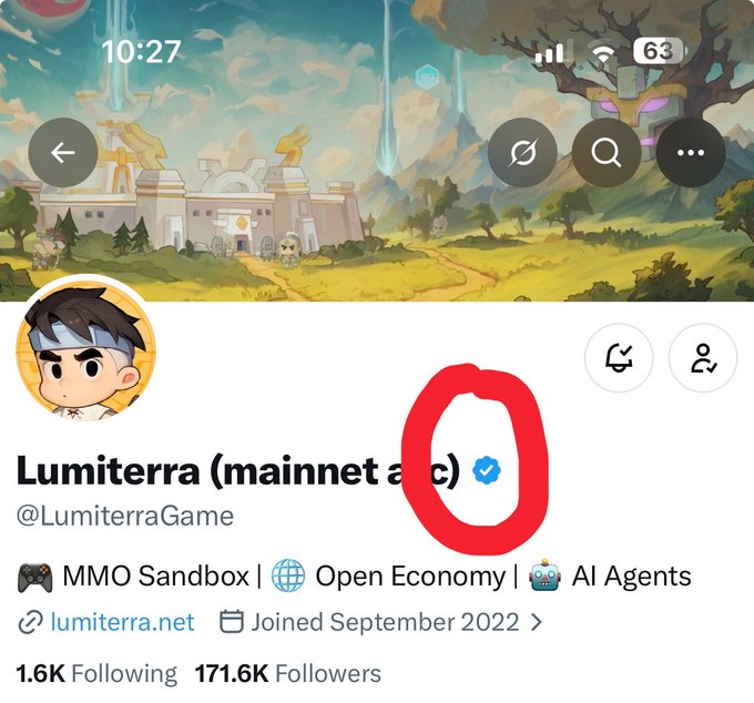 The image shows a Twitter/X profile for "Lumiterra (mainnet arc)" (@LumiterraGame) with a red circle highlighting what appears to be a ticker or token symbol after the name. The profile describes it as an "MMO Sandbox | Open Economy | AI Agents" game with 171.6K followers, joined September 2022. The red-circled element likely represents the Lumiterra token ticker referenced in the post about gold token issues.