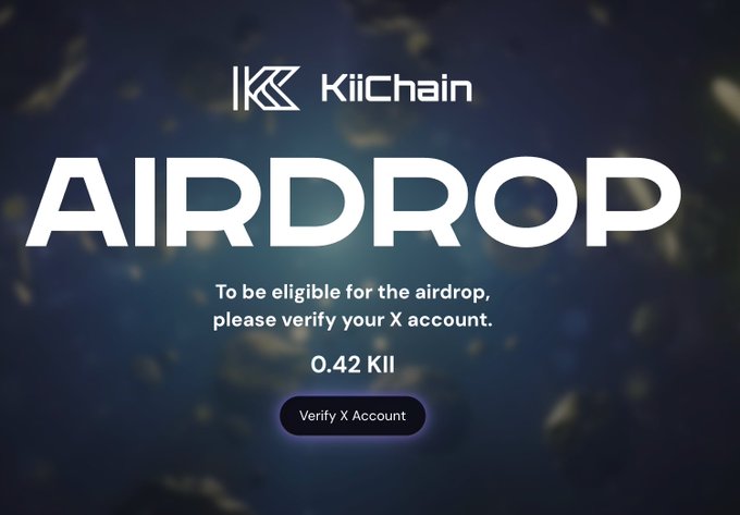 The image is a promotional graphic for a KiiChain airdrop, displaying the KiiChain logo and the text "AIRDROP" prominently, along with instructions to verify an X account to claim 0.42 KII tokens and a "Verify X Account" button. The accompanying post references claiming this airdrop, suggesting the user is sharing the promotional image to encourage others to participate in the KiiChain airdrop event.