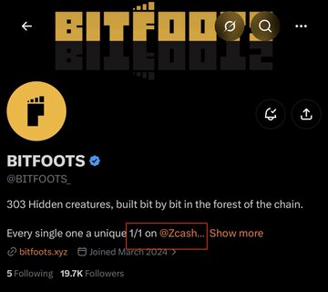 A Twitter/X profile screenshot for 'BITFOOTS' (@BITFOOTS_) is shown, highlighting the text '1/1 on @2cash' in a red box.