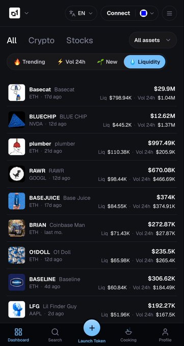 Mobile app interface showing a "Trending" crypto/stocks list including "Basecat" ($29.9M), "BLUECHIP" ($12.62M), "plumber" ($997.49K), "RAWR", and others, with the "Liquidity" tab selected.