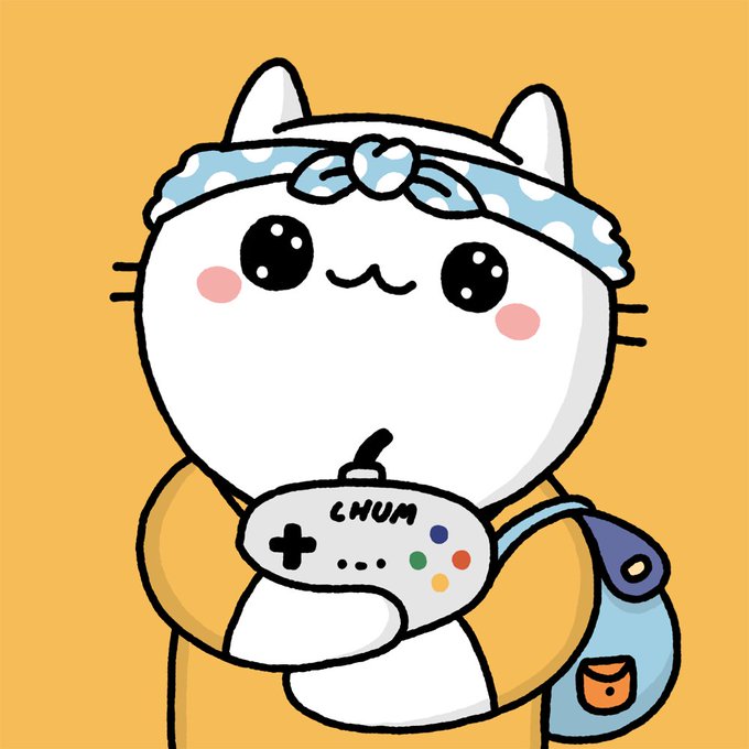A cute cartoon illustration of a white cat character wearing a blue polka-dot headband and backpack, holding a gaming controller labeled 'CHUM'.
