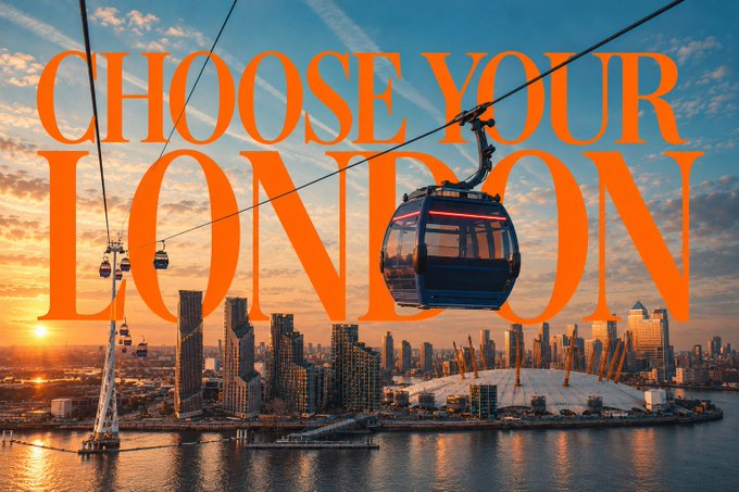 A dramatic sunset view of London's skyline featuring the IFS Cloud Cable Car (formerly Emirates Air Line) gliding above the Thames, with bold orange text reading "CHOOSE YOUR LONDON" overlaid—visually reinforcing the caption's message that LPing can happen from any vantage point, even high above the city.