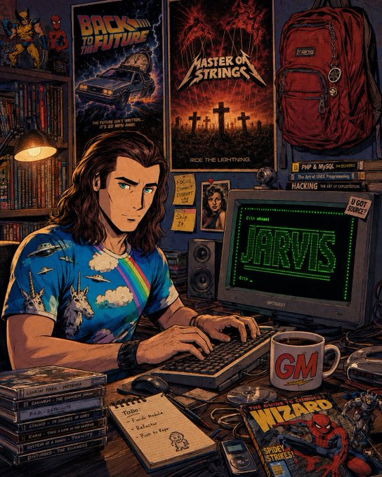 An illustrated scene of a long-haired young man at a retro computer with 'JARVIS' on the screen, surrounded by 80s pop culture posters, books, and tech accessories.