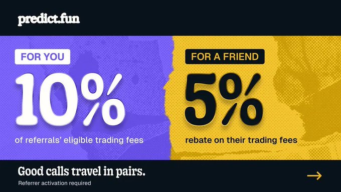 A 'predict.fun' referral marketing banner offering 10% of referrals' eligible trading fees for 'FOR YOU' users and 5% rebate for 'FOR A FRIEND', with the tagline 'Good calls travel in pairs.'