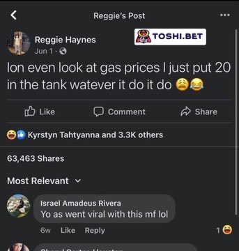 This is a screenshot of a Facebook post from Reggie Haynes dated June 1, which has garnered 63,463 shares, with the caption reading "Ion even look at gas prices I just put 20 in the tank watever it do it do," followed by laughing emojis. The "TOSHI.BET" tag appears in the top right, and a top comment from Israel Amadeus Rivera jokes "Yo as went viral with this mf lol," receiving 6 reactions.