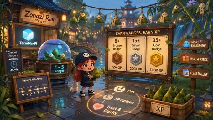A cartoonish UI mockup for a "Zongzi Rain" event featuring a character in a black hat, badges for XP earnings, and a "TermMaxFi" logo.