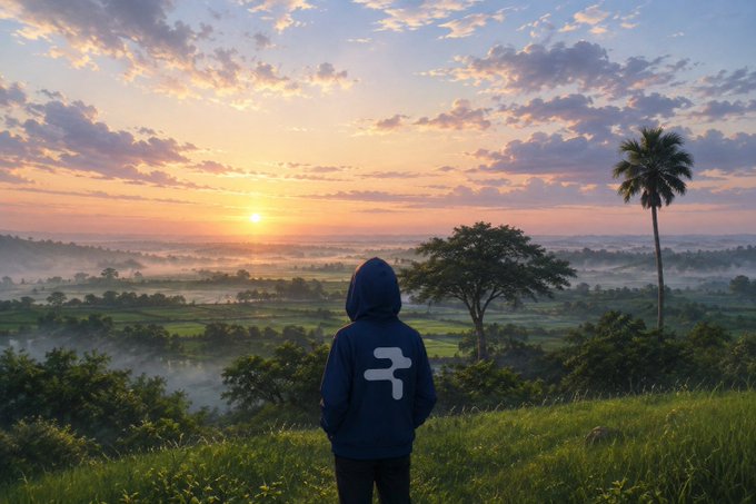 A scenic illustration of a person in a blue hoodie looking out over a misty green valley at sunrise, with a palm tree in the distance.