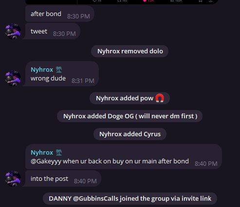 A screenshot of a Discord chat where user Nyhrox (with a crown icon) removes “dolo,” adds “pow,” “Doge OG,” and “Cyrus,” and tells @Gakeyyy to “buy on ur main after bond,” while timestamps read 8:30‑8:40 PM and a system notice shows DANNY @GubbinsCalls joining via invite link.