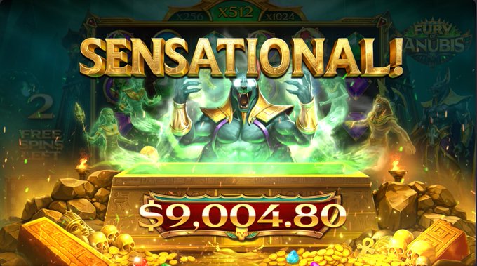 A ghostly figure rises from a stone sarcophagus surrounded by Egyptian imagery, with "SENSATIONAL!" displayed prominently above and a winning total of "$9,004.80" shown in gold beneath, illustrating the poster's success turning a small $6 bet into nearly $9K on the "Fury of Anubis" slot game.