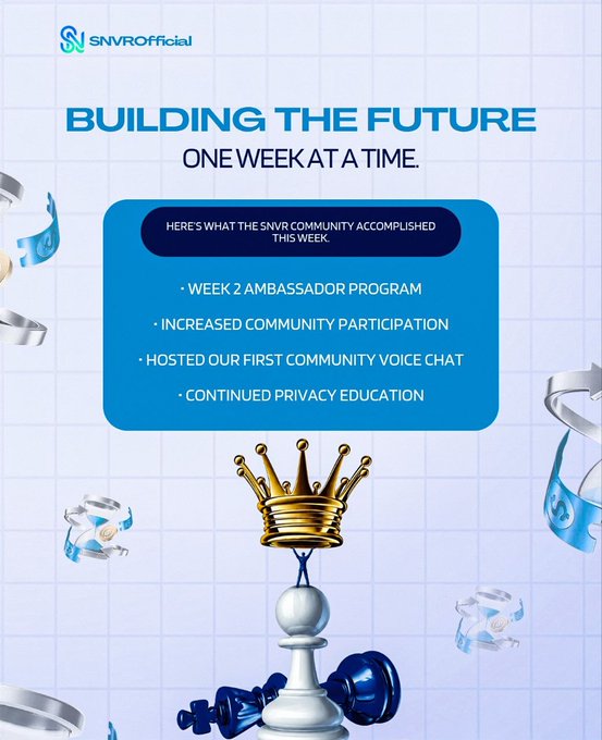 An SNVROfficial promotional graphic titled 'BUILDING THE FUTURE ONE WEEK AT A TIME' lists weekly accomplishments including a Week 2 Ambassador Program, increased community participation, a community voice chat, and privacy education, above a 3D chess king piece with a crown.