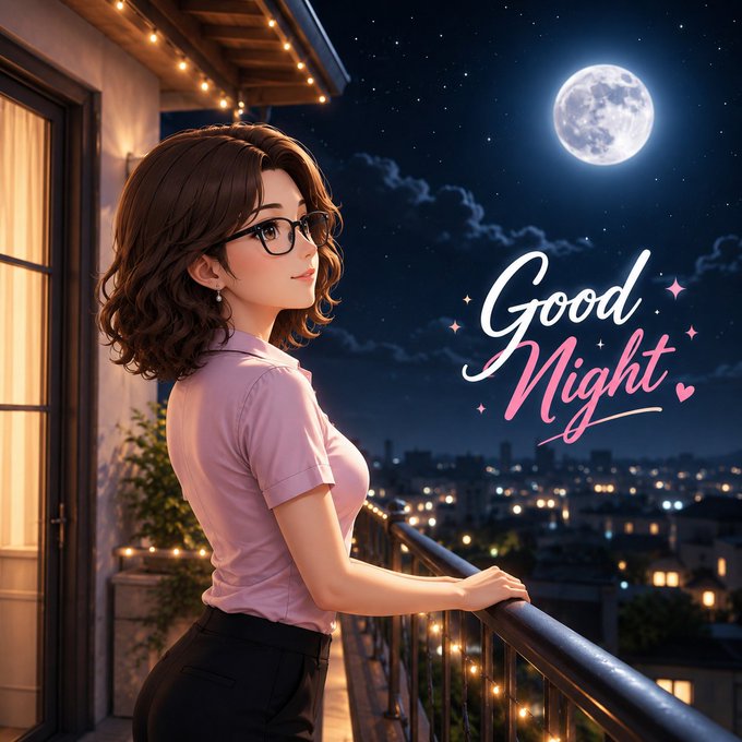 An illustrated 'Good Night' scene of a bespectacled woman on a balcony overlooking a city skyline under a full moon.
