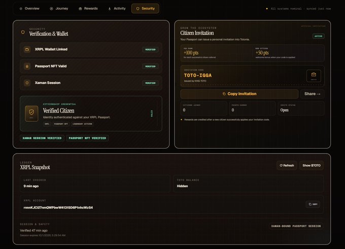 A dark-themed cryptocurrency dashboard displays 'Verification & Wallet', 'Citizen Invitation' with code 'TOTO-IGGA' worth 50 pts, and an 'XRPL Snapshot' wallet section.