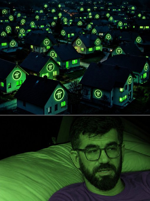 A composite image showing an aerial view of houses illuminated with a glowing green pi (π) symbol on the top half, and a bearded man in glasses lying in bed bathed in green light on the bottom half.