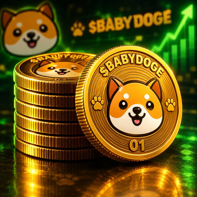 A stack of gold coins featuring a Shiba Inu dog face design labeled '$BABYDOGE' and '01', set against a green background with rising graph lines and paw prints.