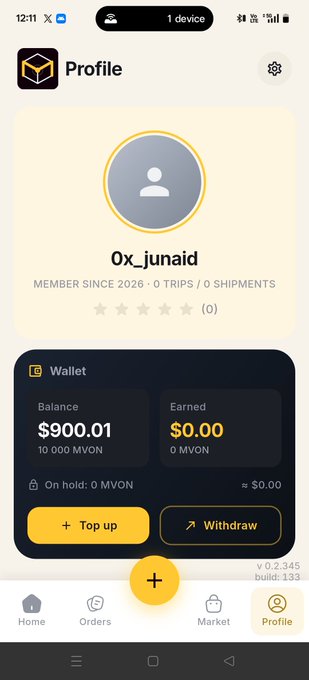 A mobile app screen showing a user profile for "0x_junaid" with a wallet balance of $900.01, options to "Top up" or "Withdraw", and a bottom navigation bar.