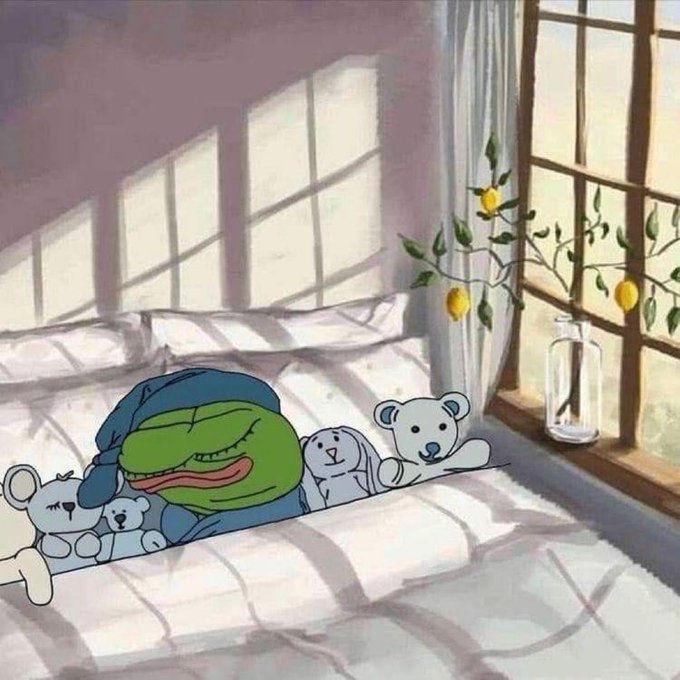 An artistic illustration shows a green Pepe the Frog character wearing a nightcap sleeping peacefully in bed, surrounded by teddy bears and dolls, with morning sunlight streaming through a window with lemon branches and a glass of water on the sill.
