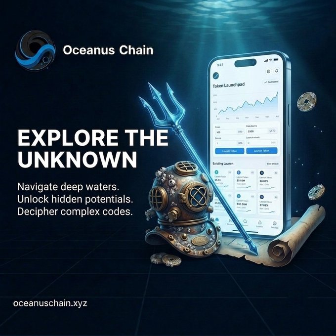 A promotional graphic for "Oceanus Chain" featuring a glowing blue trident, vintage diving helmet, and treasure coins alongside a smartphone displaying a "Token Launchpad" dashboard with charts and data fields. The image ties to the post's "next wave" theme, branding Oceanus Chain ($OCS) as an AI Layer 1 on Ethereum for launching crypto tokens, with the ocean imagery reinforcing the call to "Enter the Ocean."