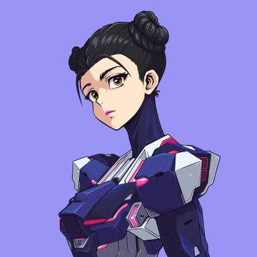 An anime-style illustration shows a female character with black hair styled in two buns, wearing futuristic blue and pink mechanical armor against a solid purple background.