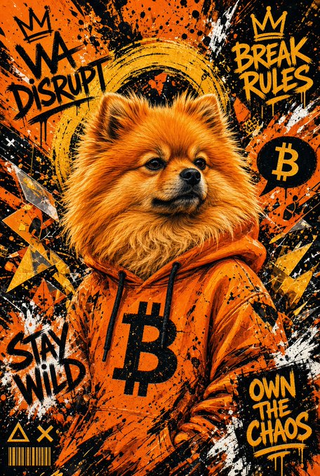 A stylized street-art illustration of a Pomeranian dog wearing an orange hoodie featuring the Bitcoin '₿' logo, surrounded by graffiti-style text reading 'DISRUPT', 'BREAK RULES', 'STAY WILD', and 'OWN THE CHAOS'.