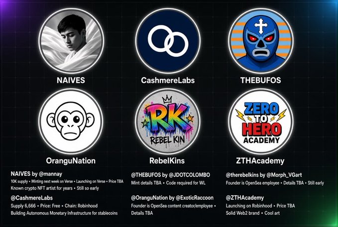 A grid displaying six NFT collection logos: NAIVES, CashmereLabs, THEBUFOS, OranguNation, RebelKins, and ZTHAcademy, with details about their creators, supply, and pricing (e.g., NAIVES by @manny, CashmereLabs is free on Robinhood).