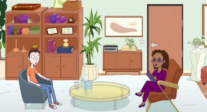 An animated scene of a therapy session with a male patient sitting across from a female therapist taking notes on a clipboard in a living room setting.