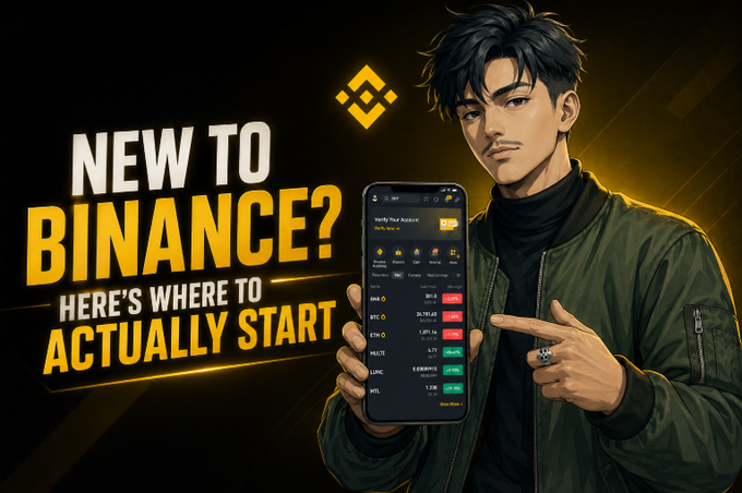 A promotional banner for Binance reads 'NEW TO BINANCE? HERE'S WHERE TO ACTUALLY START', featuring an illustrated young man pointing at a smartphone displaying a trading interface.