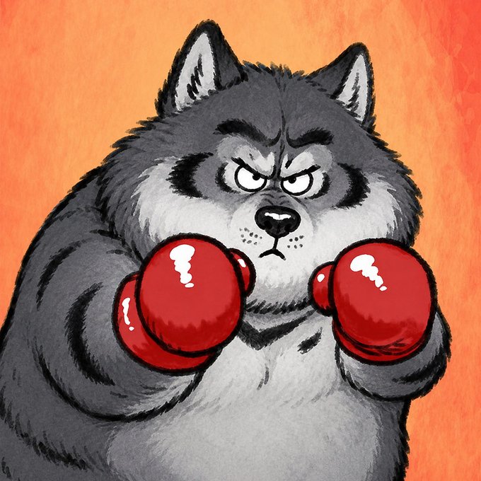 A cartoon illustration of a fierce, scowling gray wolf wearing red boxing gloves, posed in a fighting stance against an orange background. The aggressive fighter imagery visually reinforces the post's message about the launch of "$BRUNO" on Pump.fun, evoking strength and readiness for battle in the crypto market.