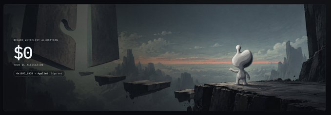 A wide panoramic digital artwork showing a white humanoid figure with a tear-shaped head standing on a cliff edge overlooking floating landmasses, with text reading 'SIGNED WHITELIST ALLOCATION $0 Your wl allocation 0x6f80...b2bb Applied Sign msg' on the left.