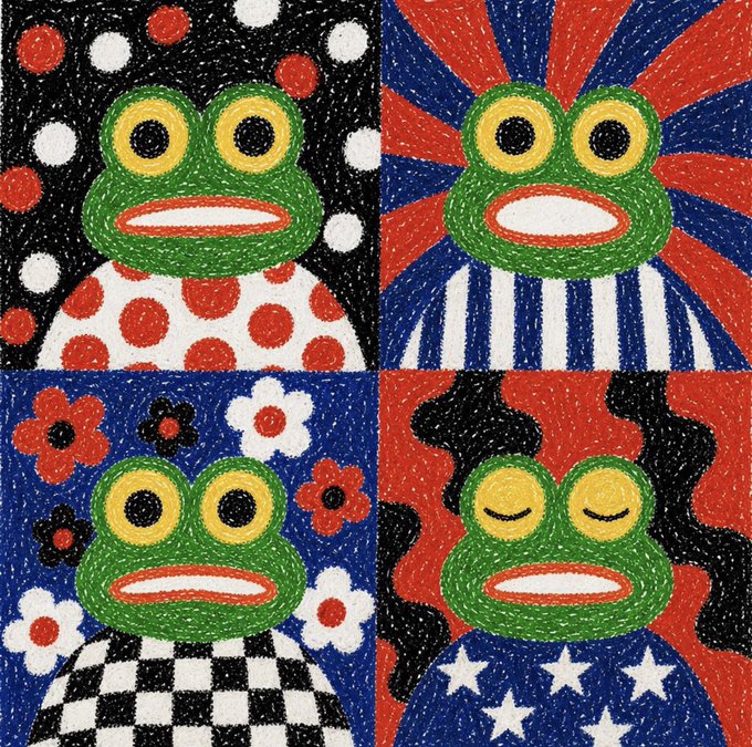 A colorful artwork divided into four quadrants, each featuring a green frog-like character with different expressions and outfits against various patterned backgrounds (polka dots, stripes, flowers, and stars).