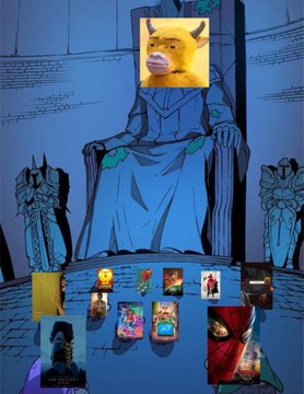 The image features a meme of a cow's face superimposed onto a seated, throne-like figure in a blue-toned room, with smaller cow-related images arranged in the foreground. It relates to the post's themes about the cryptocurrency token "牛来" (Niu Lai), using the cow imagery as a visual pun on the token's name to mock its ambitious market cap targets (1B, 10B, 100B) and poor graphical quality.