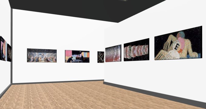 A 3D rendering of an empty art gallery room with wooden floors and white walls displays a series of framed digital artworks hanging in a row.