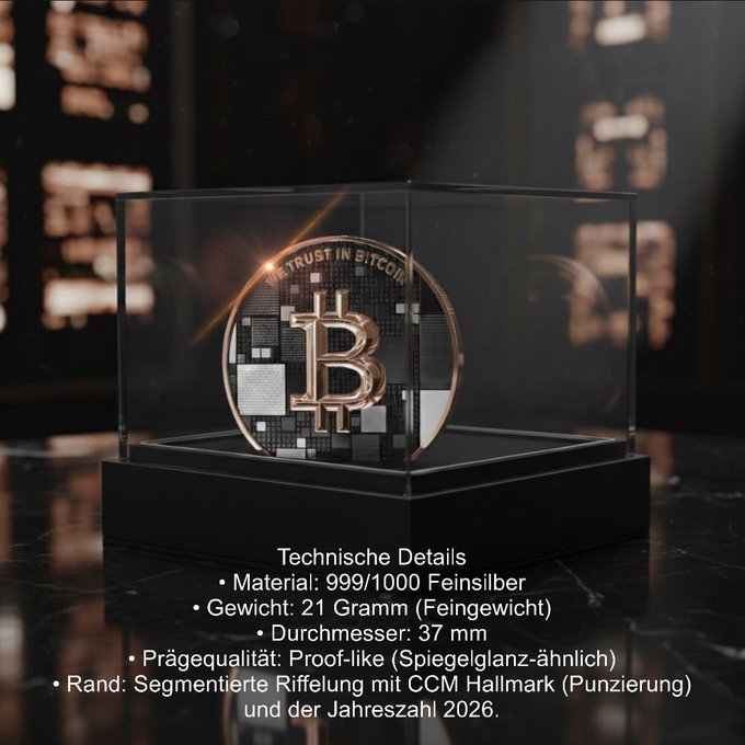 The image features a coin with the word "bitcoin" written on it, placed inside a glass display case. The background of the image shows a blurred black and white scene, which could be a room or a hallway. The text "Ein echtes Sammlerstück für alle Bitcoiner!" is displayed in the image, indicating that this coin is related to Bitcoin.