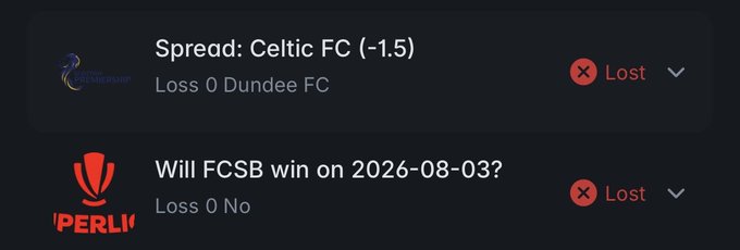 A betting interface showing two lost predictions: 'Celtic FC (-1.5)' against Dundee FC and 'Will FCSB win on 2026-08-03?' marked as Loss 0 No.