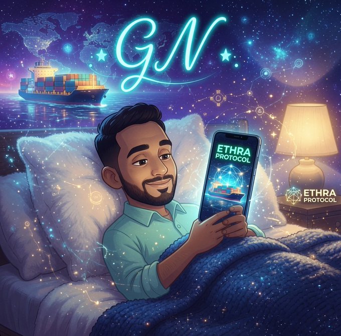 An illustrated promotional image shows a man in bed holding a smartphone displaying the 'ETHRA PROTOCOL' app, with a cargo ship and 'GN' text in a starry background.