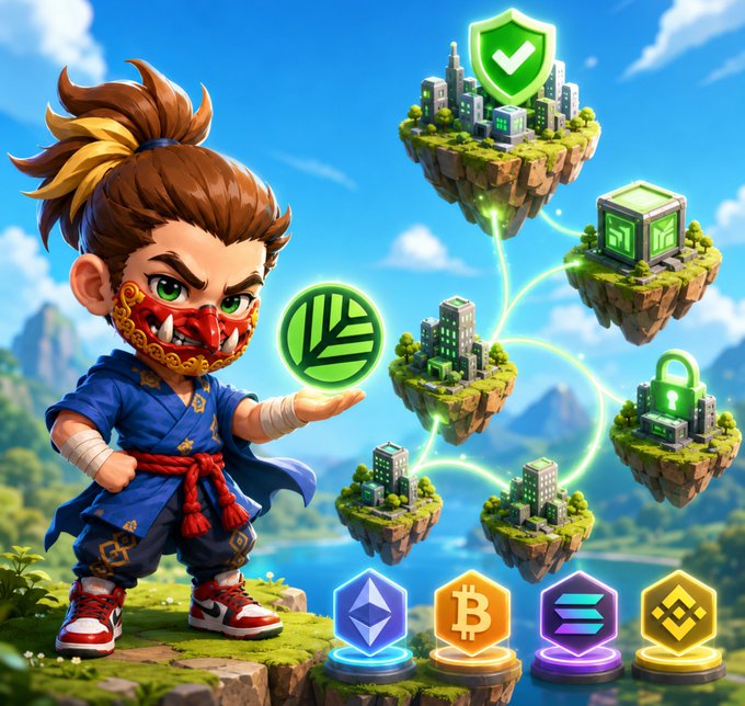 A stylized warrior character with an oni mask holds a green leaf emblem while floating islands—each displaying building networks, a security shield, and a lock icon—connect via glowing lines above cryptocurrency symbols (ETH, BTC, SOL, BNB), visually illustrating Canopy's concept of starting with one chain and expanding into a secure, interconnected network supported by existing chains.