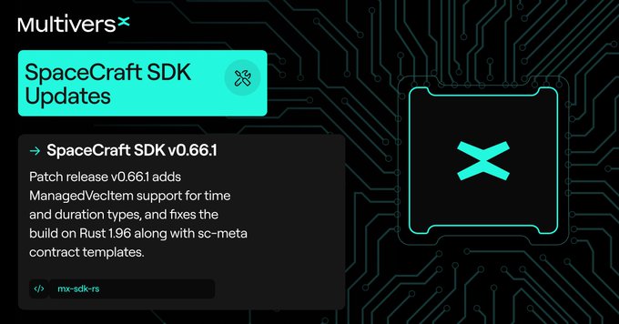 The image shows a screenshot of a webpage with a green background featuring a circuit board design. The main focus of the image is a patch release for SpaceCraft SDK v0.66.1, which includes information about the patch release, such as its release date and time types (timestampMillis, timestampSeconds), duration types (sc-meta: template fixes for downloaded contracts), and the fix for Rust 1.96. The image also contains a screenshot of the webpage itself, with the text "Multivers" at the top and "SpaceCraftSDK Updates" in the middle.