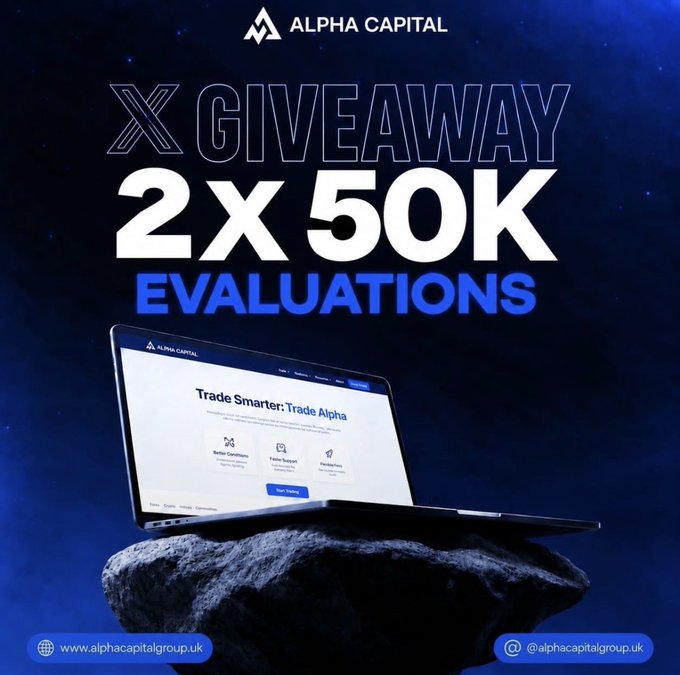 An advertisement for "ALPHA CAPITAL" announcing an X (Twitter) giveaway of "2X 50K EVALUATIONS" featuring a laptop on a floating rock against a starry background.