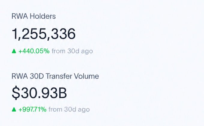 The image displays RWA (Real World Assets) metrics showing 1,255,336 holders with a +440.05% increase from 30 days ago, and a $30.93B 30-day transfer volume up +997.71%, directly supporting the post's claim about RWA holders on BNB Chain surpassing 1.25M with 440% growth in 30 days.