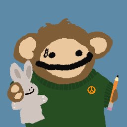 An illustration of a brown monkey character wearing a green sweater with a circular logo, holding a white bunny plushie and an orange pencil against a blue background.