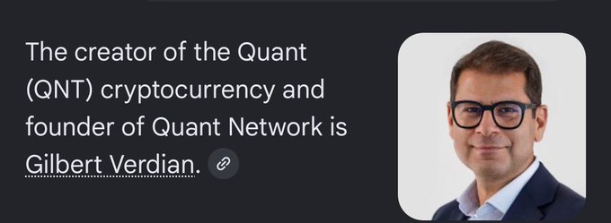 A profile snippet stating that Gilbert Verdian is the creator of the Quant (QNT) cryptocurrency and founder of Quant Network, shown alongside a photo of a man in glasses and a dark suit.