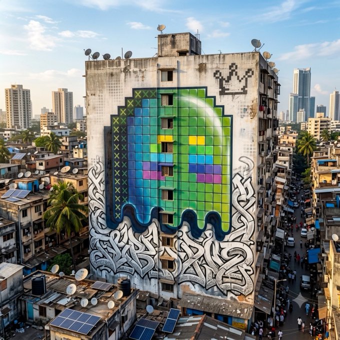 A large mural painted on the side of an urban building depicting the classic Windows 98 'blue screen of death' error with pixelated graphics, graffiti tags below, and a cityscape with skyscrapers in the background.