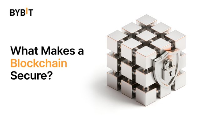 A Bybit promotional graphic featuring a metallic cube with a shield and padlock icon, titled 'What Makes a Blockchain Secure?'