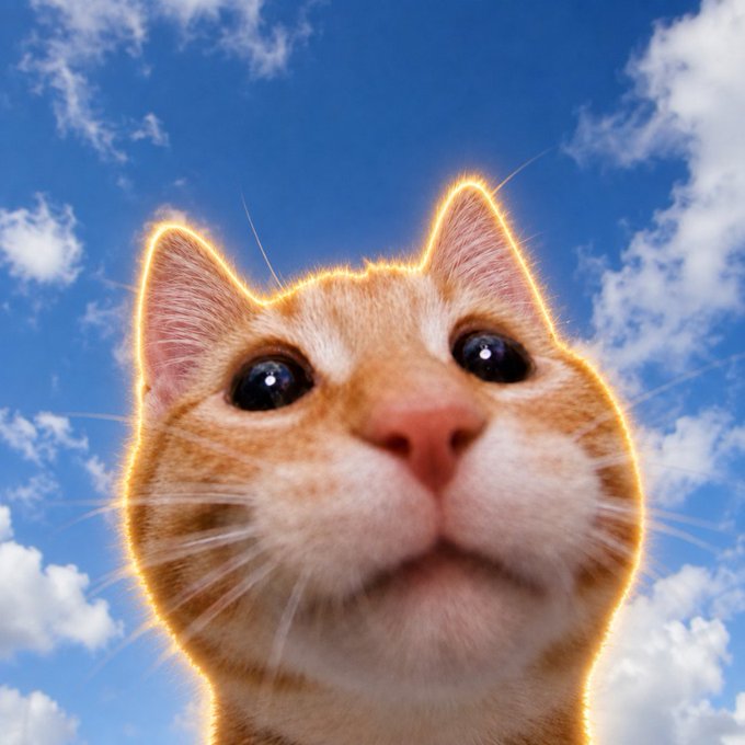 A close-up photo of an orange tabby kitten looking upward with large, glossy black eyes against a bright blue sky with white clouds, surrounded by a glowing golden aura effect.